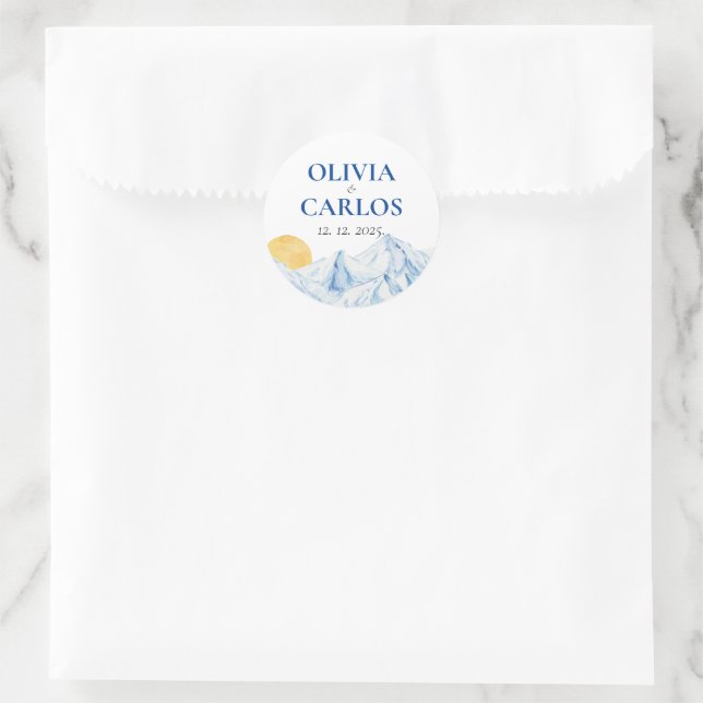 Adesivo Redondo Paisagem de Montanha de Aquarela de Esqui (Bolsa)