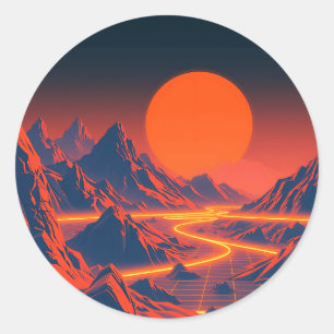 Adesivo Redondo Paisagem de onda sintética com montanhas neon