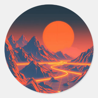 Adesivo Redondo Paisagem de onda sintética com montanhas neon