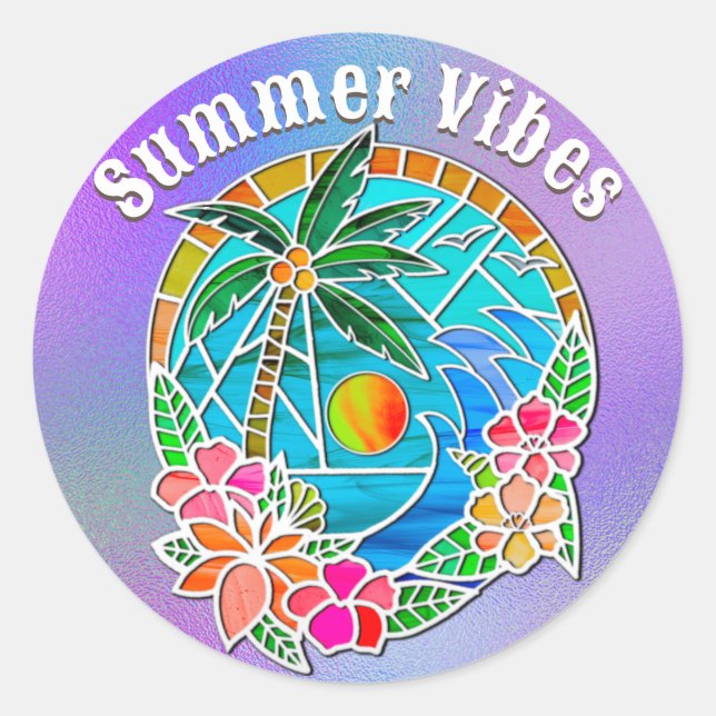 Adesivo Redondo Paisagem de Verão de Árvore de Palma do Oceano Dou (Frente)