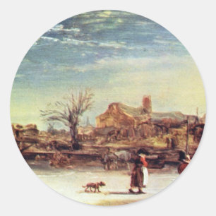 Adesivo Redondo Paisagem do inverno por Rembrandt Harmensz. Van