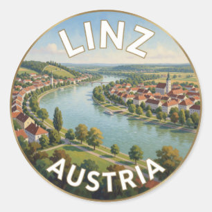 Adesivo Redondo Paisagem do rio Danúbio em Linz Áustria