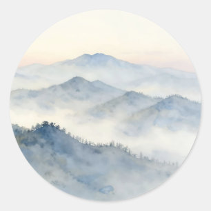 Adesivo Redondo Paisagem em Aquarela da Montanha Nebulosa