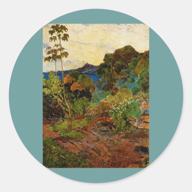 Adesivo Redondo Paisagem Martinica de Paul Gauguin (1887) (Frente)