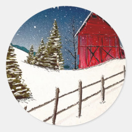 Adesivo Redondo Paisagem Red Barn Snowy