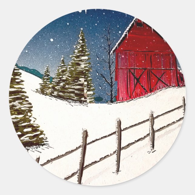 Adesivo Redondo Paisagem Red Barn Snowy (Frente)