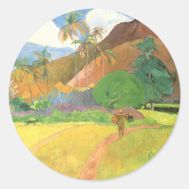 Adesivo Redondo Paisagem Taitiana, Montanhas Tahiti, Paul Gauguin (Frente)