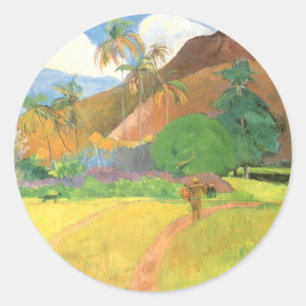 Adesivo Redondo Paisagem Taitiana, Montanhas Taiti, Paul Gauguin