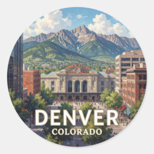 Adesivo Redondo Paisagem urbana de Denver Colorado nas Montanhas R