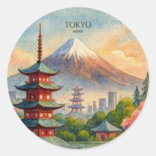 Adesivo Redondo Paisagem Urbana de Tóquio Japão Aquarela Lembrança
