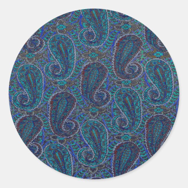 Adesivo Redondo Paisley Azul Indiano Boho Clássico Vintage (Frente)
