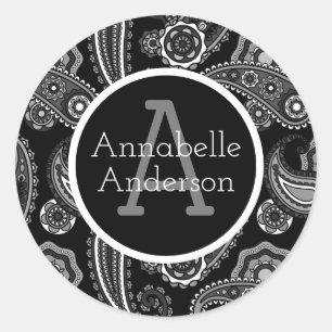 Adesivo Redondo Paisley Preto e Branco Personalizado Chique