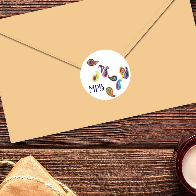 Adesivo Redondo Paisleys e Iniciais Coloridos (Criador carregado)