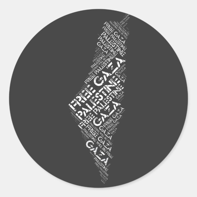 Adesivo Redondo Palavra de Mapa Livre da Palestina em Gaza (Frente)