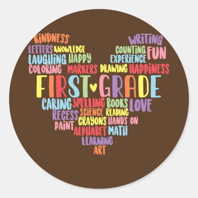 Adesivo Redondo Palavras de Professores de Primeiro Grau Coração (Frente)