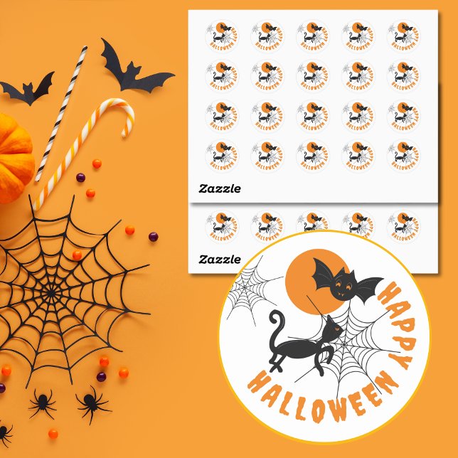 Adesivo Redondo Palavras-Palavras Negras e Laranja Felizes (Black & Orange Halloween Black Cat Stickers.)