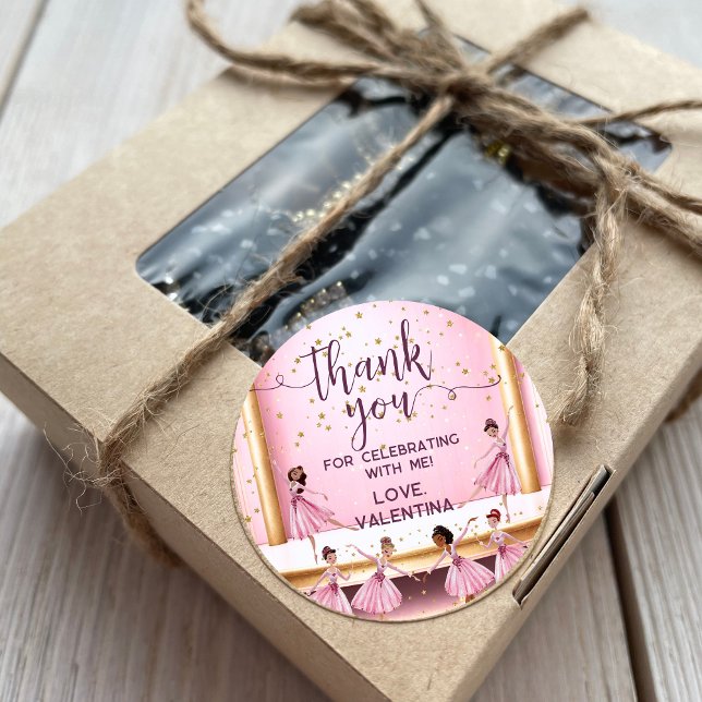 Adesivo Redondo Palco rosa e Dourado Ballerina Obrigado (Criador carregado)