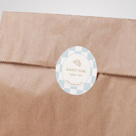 Adesivo Redondo Pale Blue Checkered Cafe Croissant Bakery