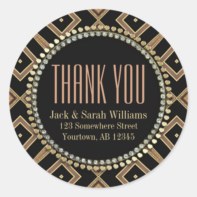 Adesivo Redondo Palha Arte Deco Dourado Preto Obrigado Paleta Redo (Frente)