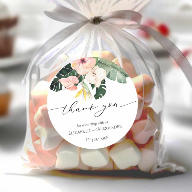 Adesivo Redondo Palm Hibiscus obrigado de Casamento Tropical para  (Criador carregado)