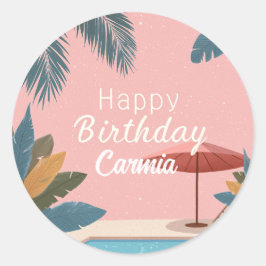 Adesivo Redondo Palm Primavera Verão Festa de aniversário rosa