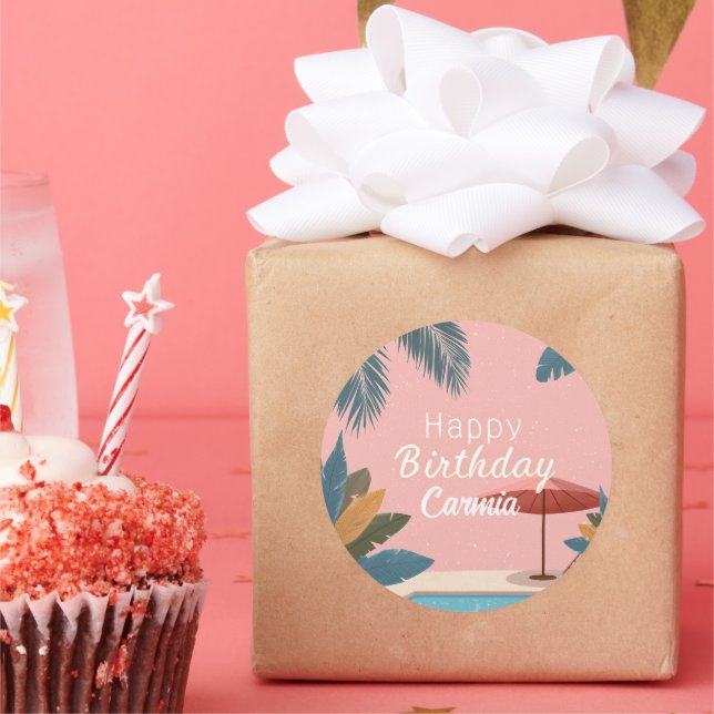 Adesivo Redondo Palm Primavera Verão Festa de aniversário rosa (Festa)