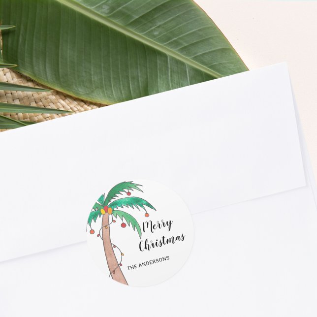 Adesivo Redondo Palm Tree de Nome Personalizado Feliz Natal (Criador carregado)