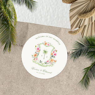 Adesivo Redondo Palm Tree Monograma Tropical Beach Weding