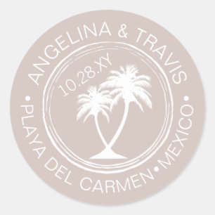 Adesivo Redondo Palm Tree Passport Stamp Beach Wedding Date