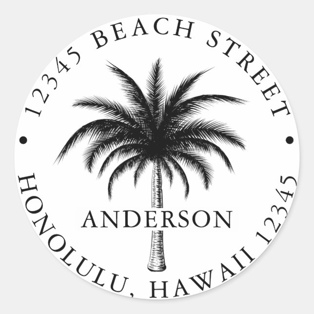 Adesivo Redondo Palm Tree Tropical Black & White Return Address (Frente)