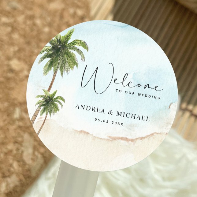 Adesivo Redondo Palm Trees Beach Destination Wedding Welcome (Criador carregado)