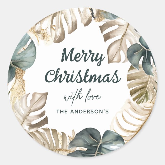 Adesivo Redondo Palma Tropical Verde e Dourada Wreath Natal (Frente)