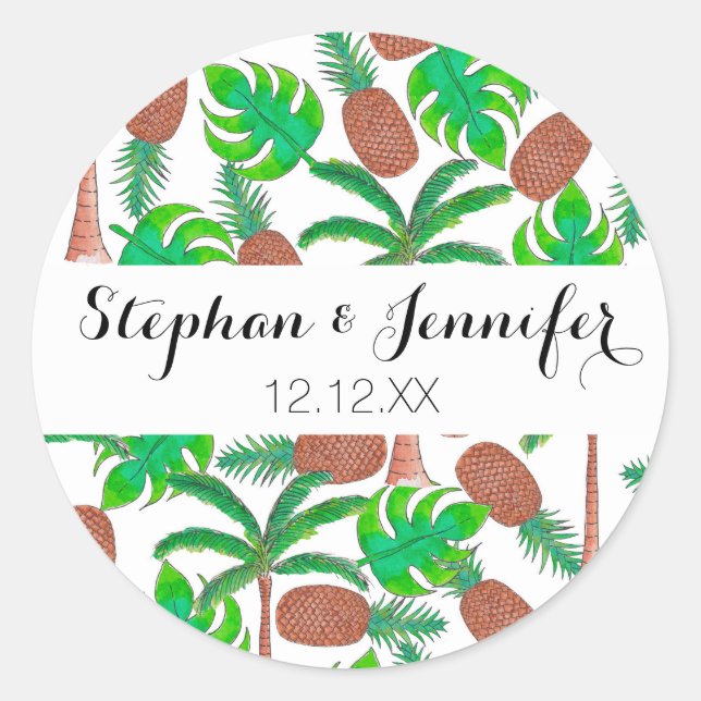 Adesivo Redondo Palmeiras de abacaxi e Folhas Tropicais de Verão (Frente)