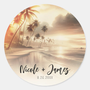 Adesivo Redondo Palmeiras & Pôr do Sol Laranja Casamento na Praia