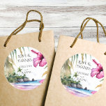 Adesivo Redondo Palmeiras tropicais de praia obrigado de casamento<br><div class="desc">hibisco tropical praia favorito bengalas modelo,  aquarela praia rosa hibiscus folhas palm para destino casamentos praia obrigado você favorece adesivos com noiva e nomes noivos</div>