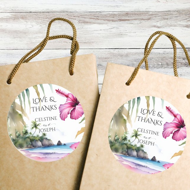 Adesivo Redondo Palmeiras tropicais de praia obrigado de casamento (Tropical beach palms wedding thank you favor stickers destination island wedding favor stickers)