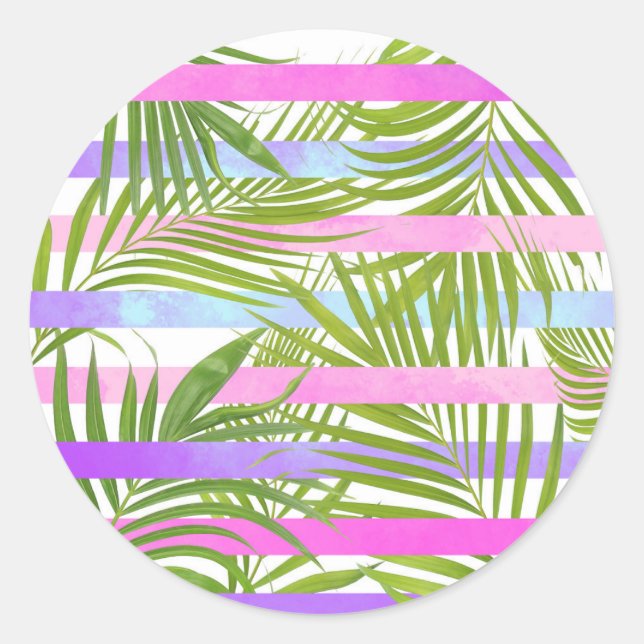 Adesivo Redondo Palmeiras tropicais, listras violetas rosa moderna (Frente)