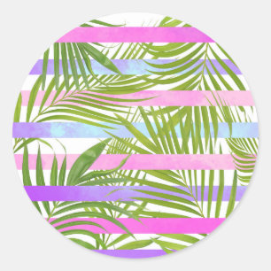 Adesivo Redondo Palmeiras tropicais, listras violetas rosa moderna