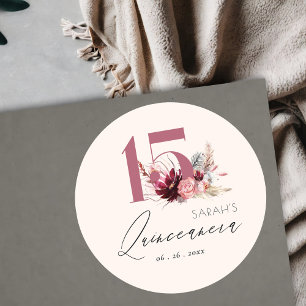 Adesivo Redondo Pampas Florais Rosa Grama Quinceanera 15 Aniversá