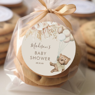 Adesivo Redondo Pampas Grass Boho Bear Chá de fraldas Classic Rou