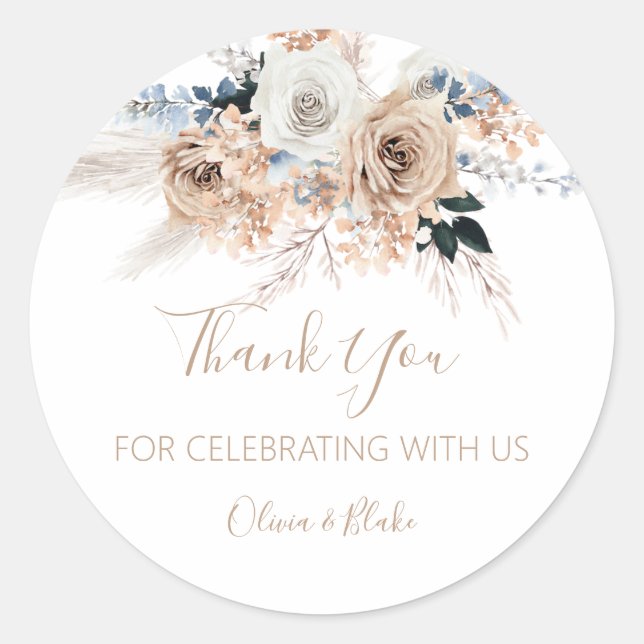 Adesivo Redondo Pampas Grass Boho Wedding Favor Stickers (Frente)