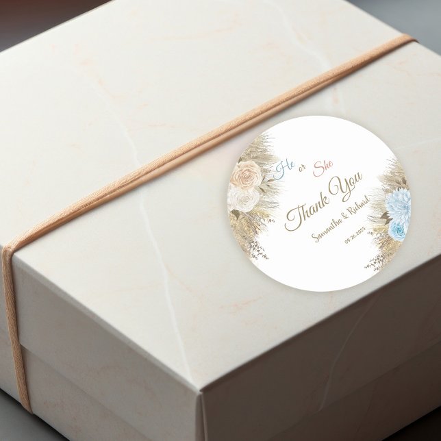 Adesivo Redondo Pampas Grass Gênero Revelam Ele ou Ela Obrigado (Criador carregado)