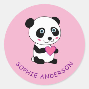 Adesivo Redondo Panda bonita com um nome personalizado cor-de-rosa