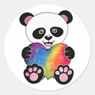 Adesivo Redondo Panda bonito da aguarela com coração do arco-ír