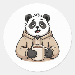 Adesivo Redondo Panda Café Cartoon Muito Cansado para Funcionar