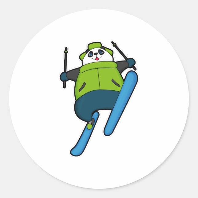Adesivo Redondo Panda como saltador de Esqui com Esqui (Frente)