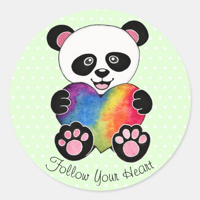 Adesivo Redondo Panda Cuta De Aquarela Com Coração Arco-Íris (Frente)