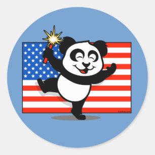 Adesivo Redondo Panda patriótica com bandeira americana