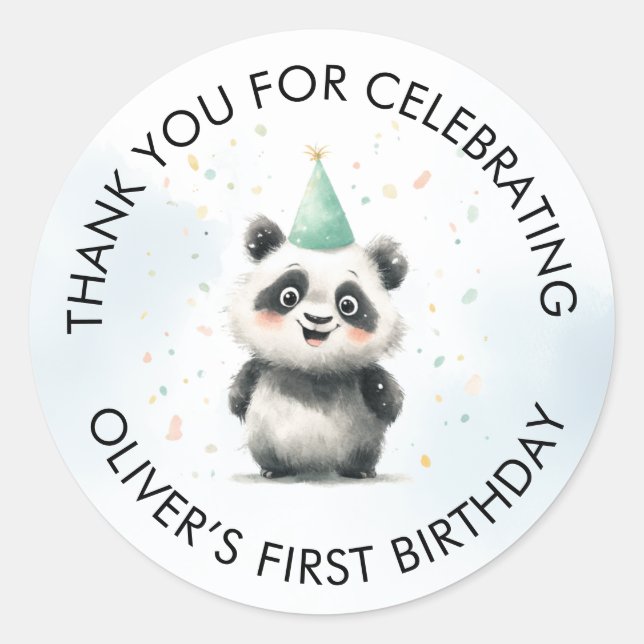 Adesivo Redondo Panda Primeiro Aniversário Obrigado Sticker (Frente)