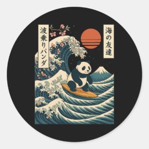 Adesivo Redondo Panda Surfando a Grande Onda Japonesa _3